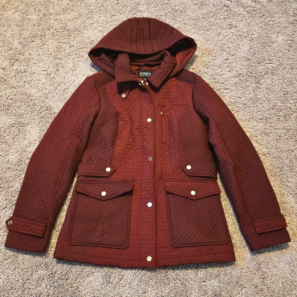 Jones New York Quilted Jacket Size S Burgundy Hooded Parka Coat Barn Fall